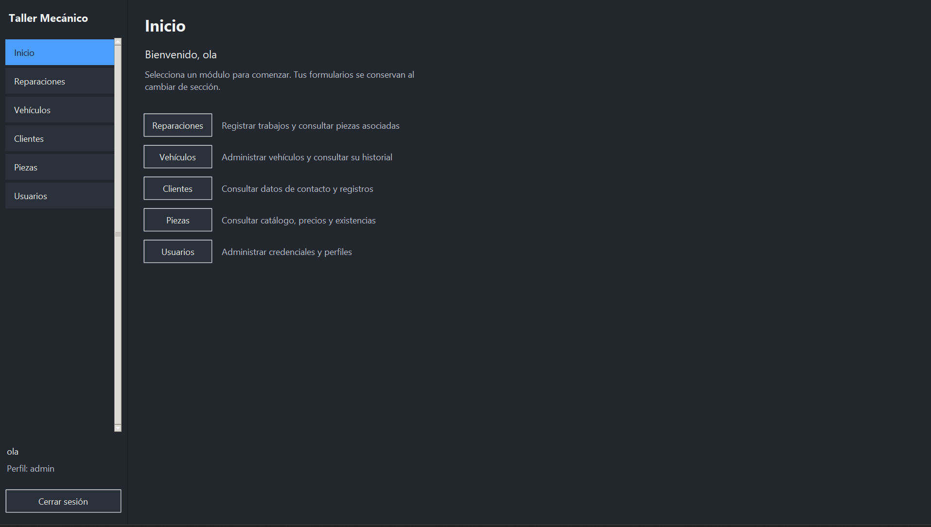Pantalla de inicio del gestor de taller con datos de prueba.